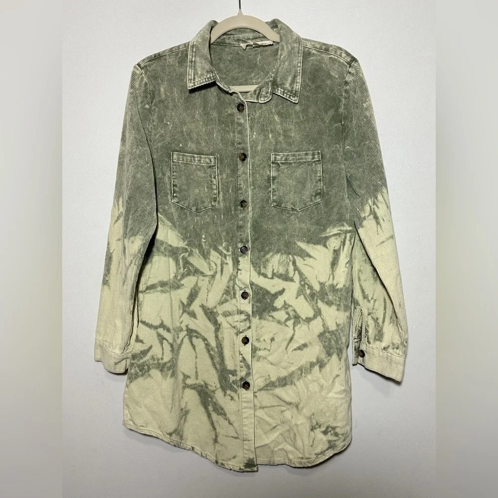 Peach Love California Shacket Corduroy Green Ombre Tie Dye Long Sleeve Small